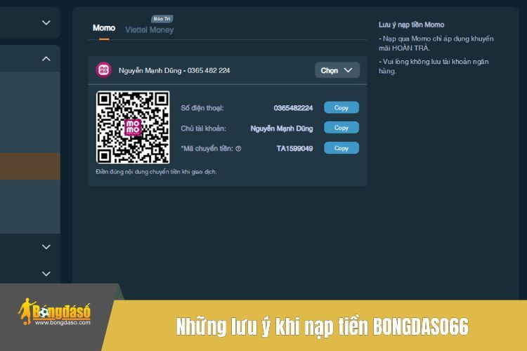 Những lưu ý khi nạp tiền BONGDASO66